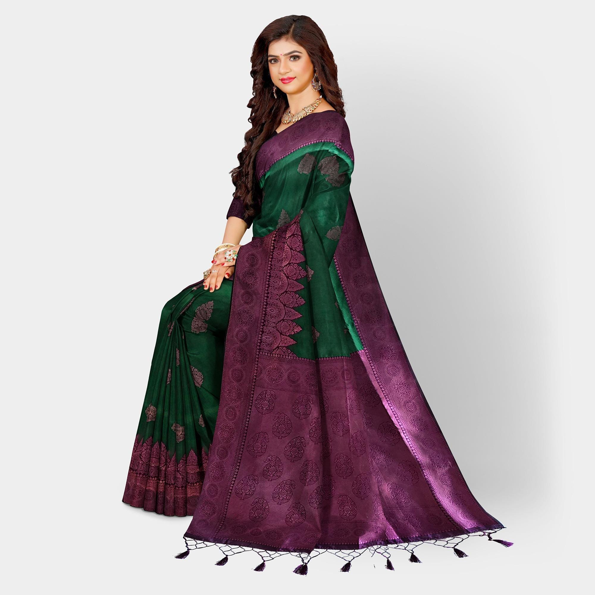 Fancy Pattu - Green and Magenta