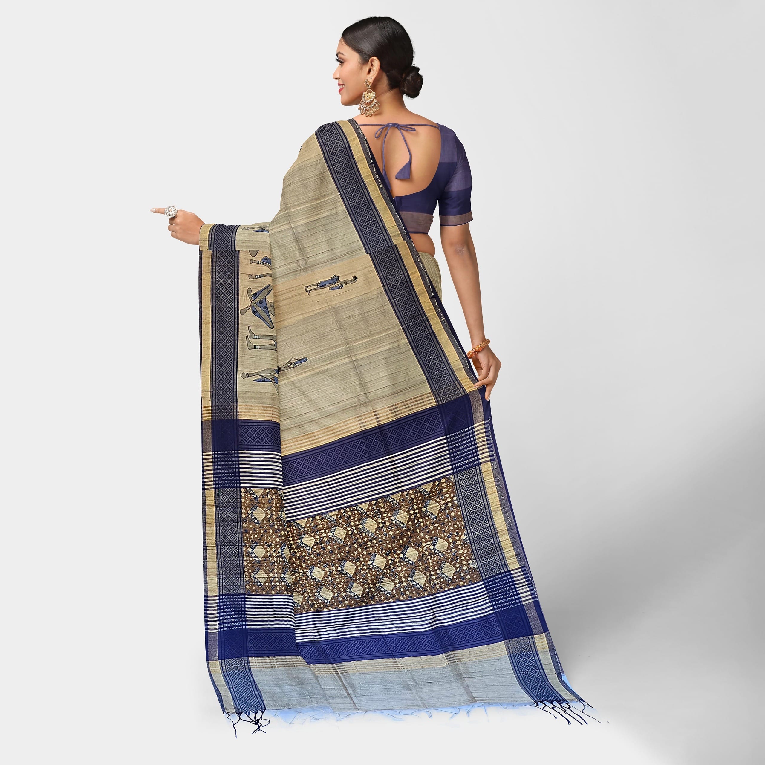 Breathtaking Raw Silk Kalamkari Blue Saree - Image 3