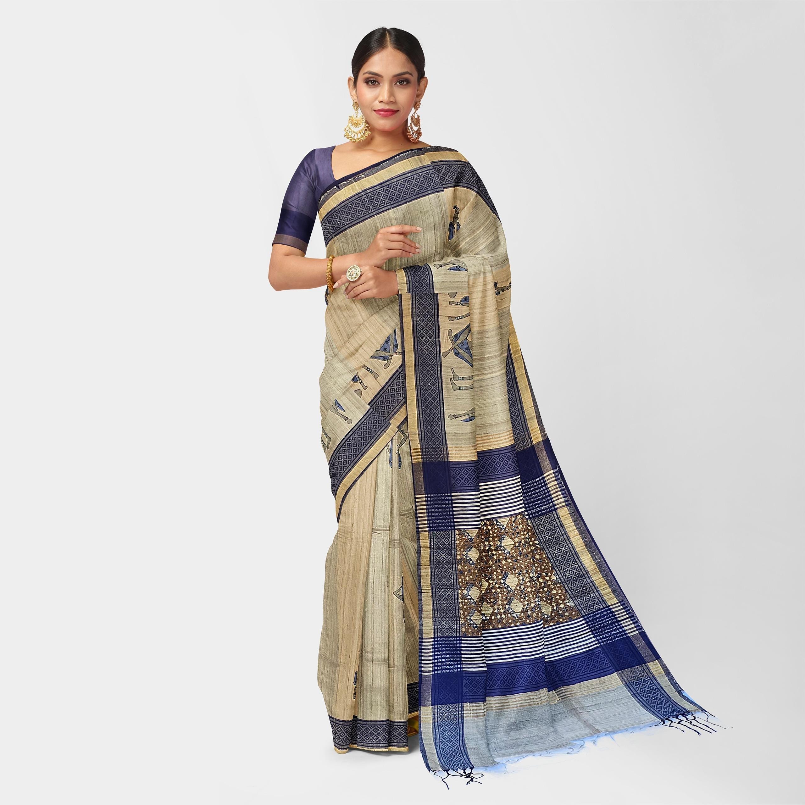 Breathtaking Raw Silk Kalamkari Blue Saree