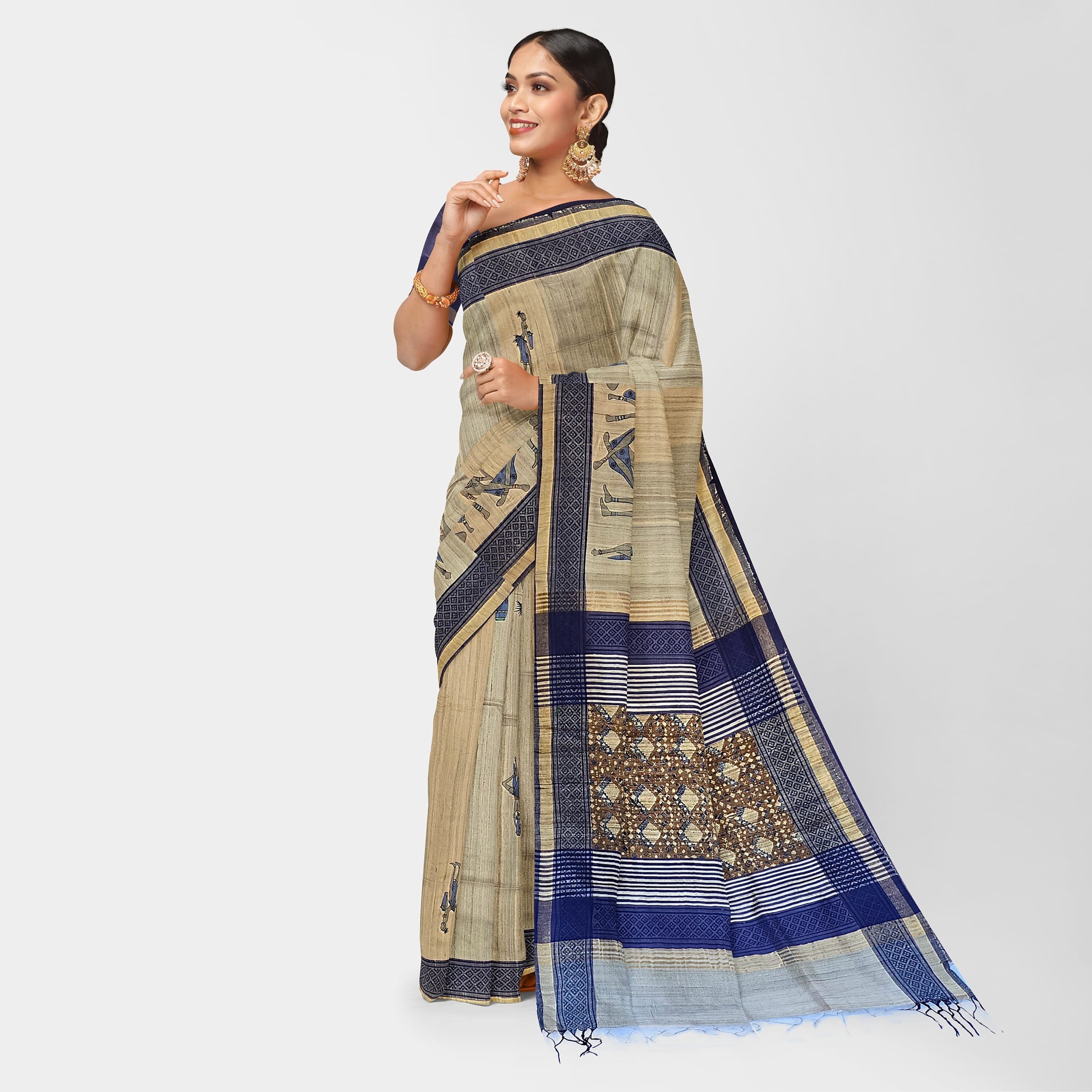 Breathtaking Raw Silk Kalamkari Blue Saree - Image 2
