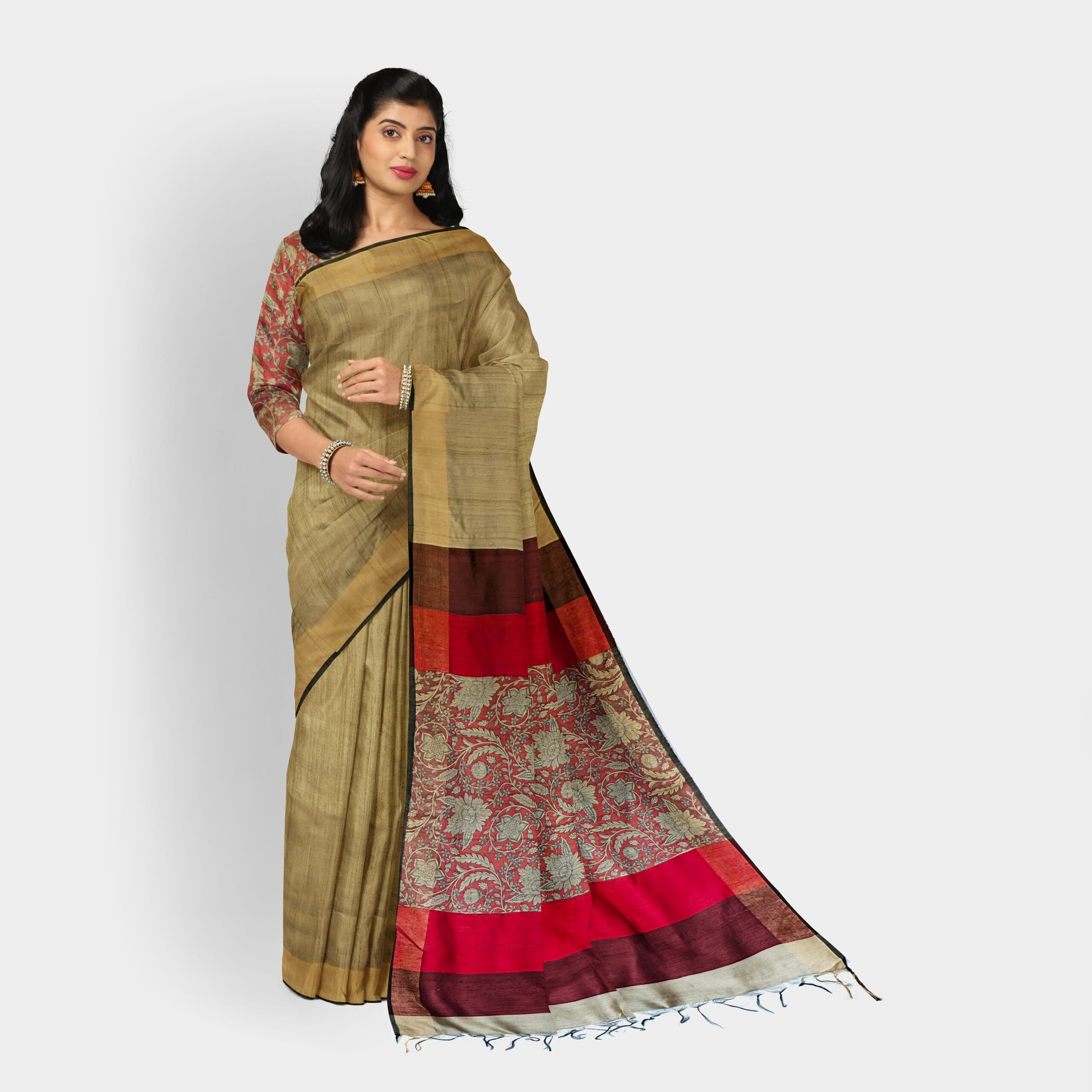 Cream Raw Silk Saree with Intricate Prints