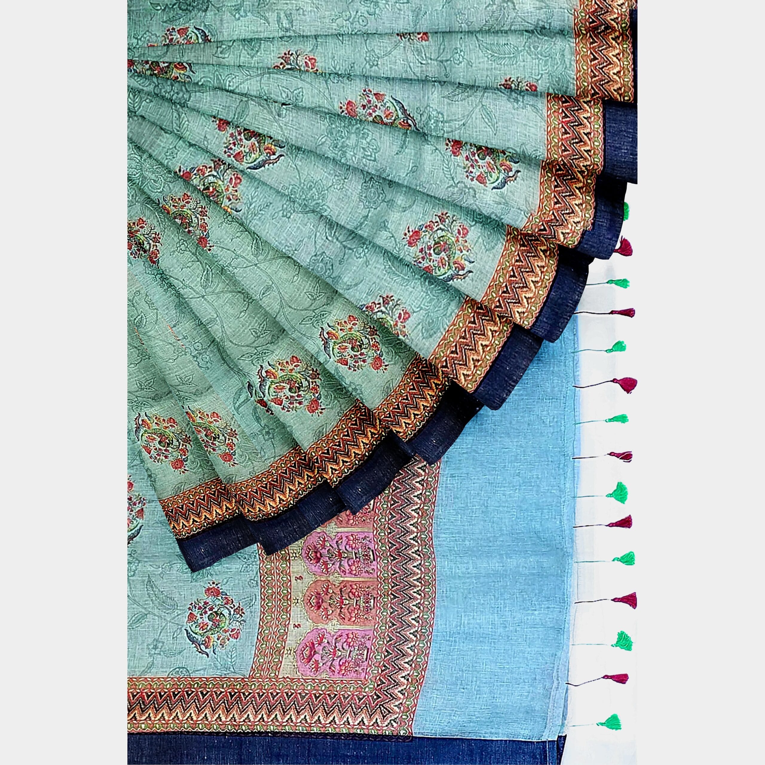 Green and Dark Blue Printed Linen Saree - Image 5