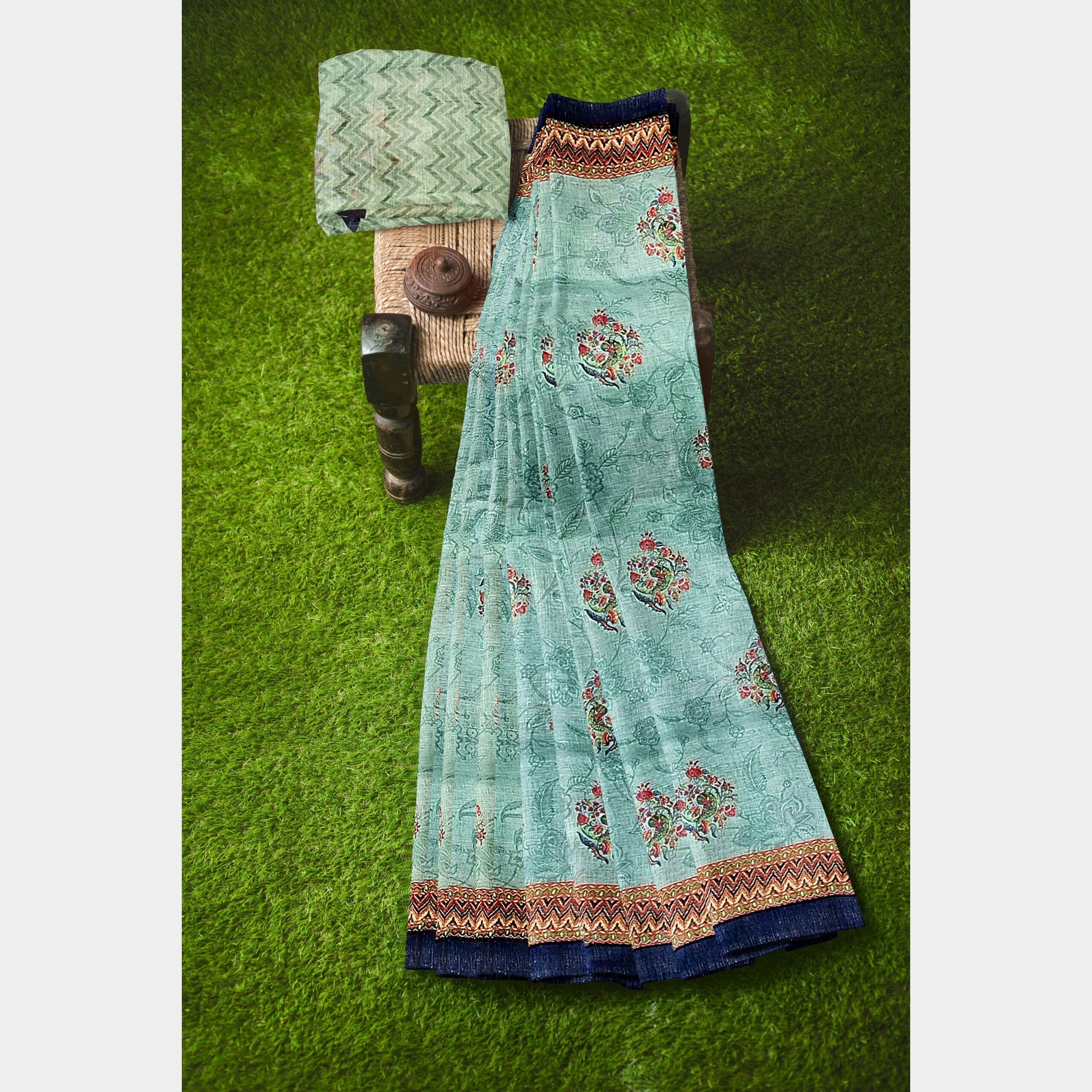 Green and Dark Blue Printed Linen Saree - Image 4