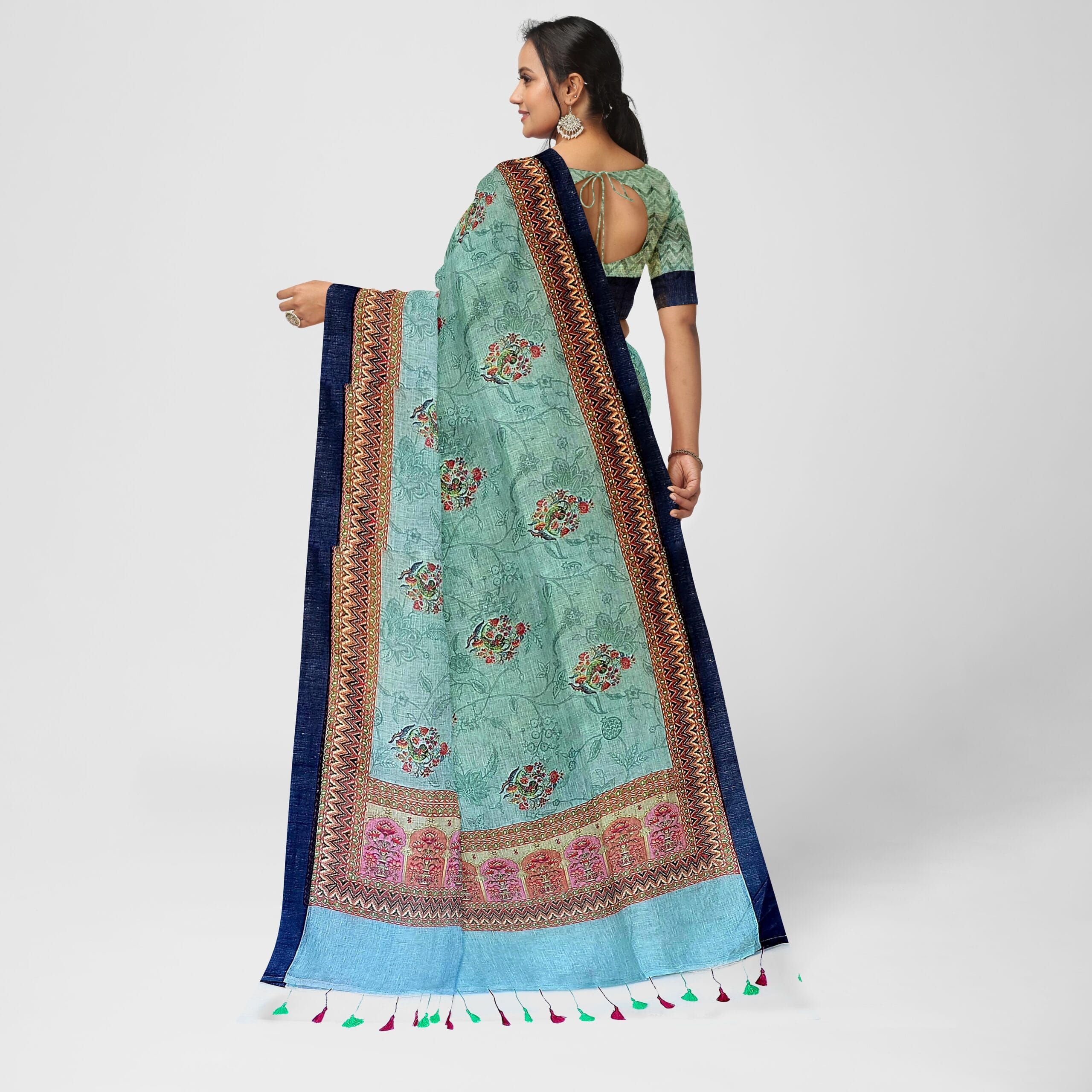 Green and Dark Blue Printed Linen Saree - Image 3