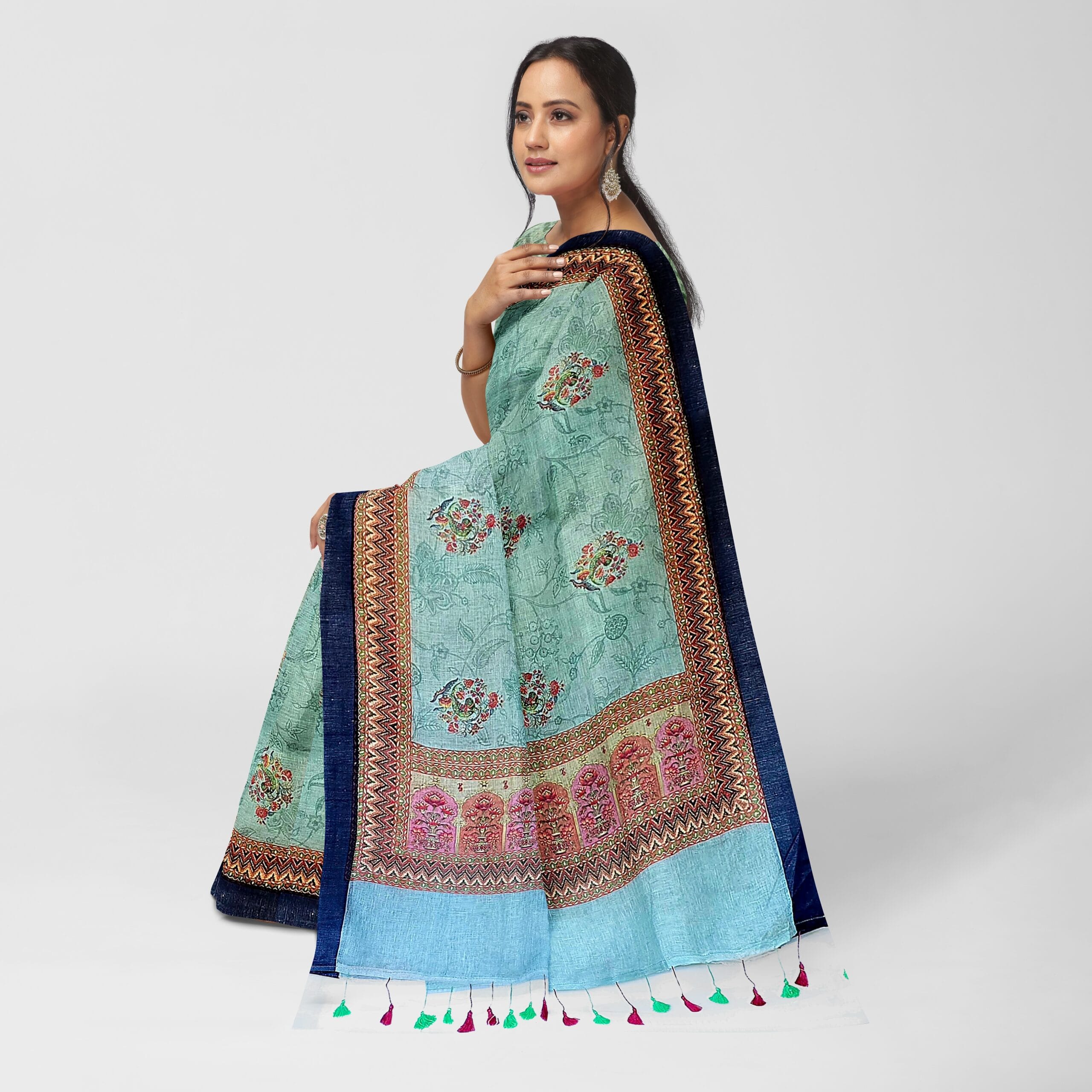 Green and Dark Blue Printed Linen Saree - Image 2