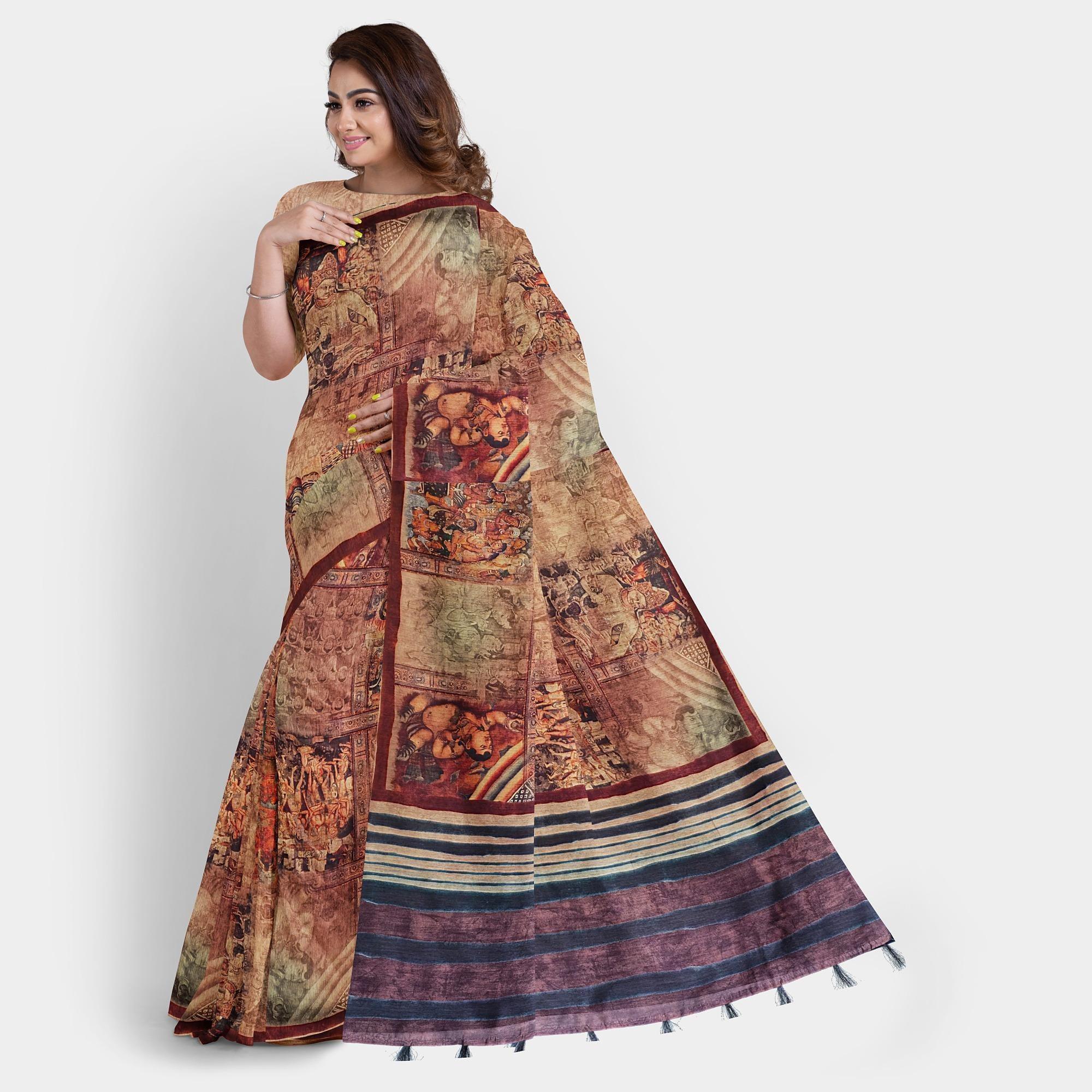 Kalmkari Brown Printed Saree