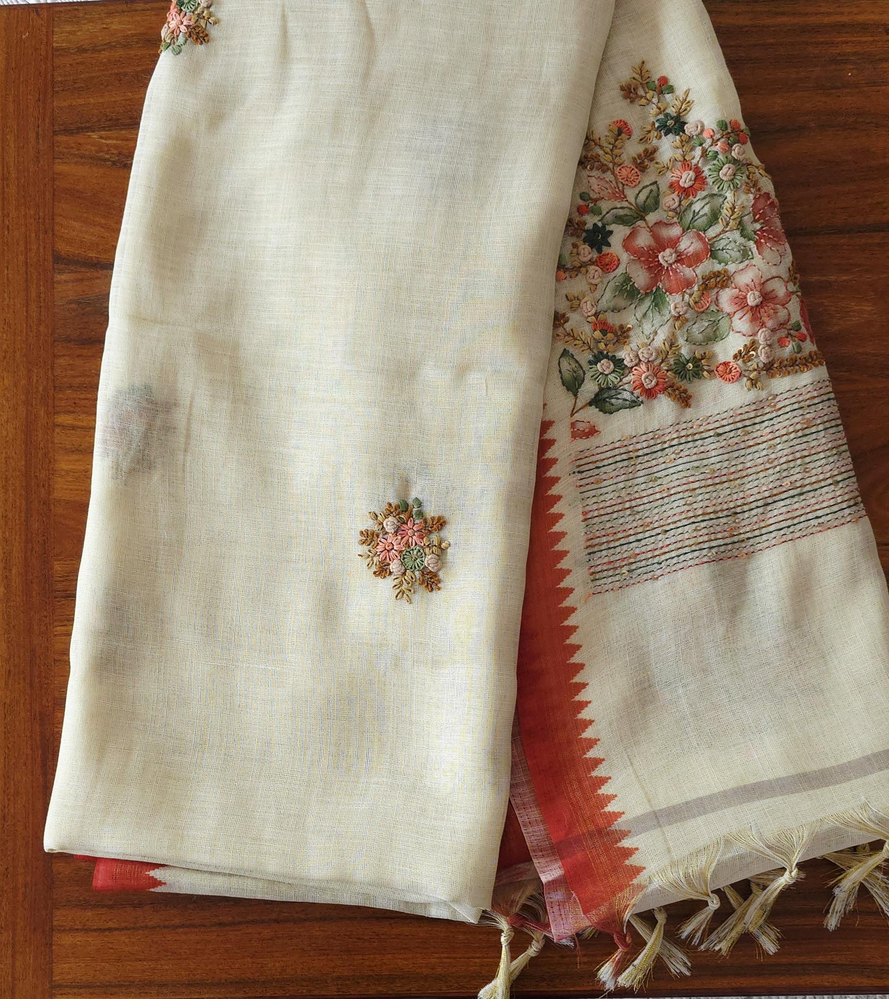 Hand-Embroidered Linen Saree – Ivory with Floral Pallu