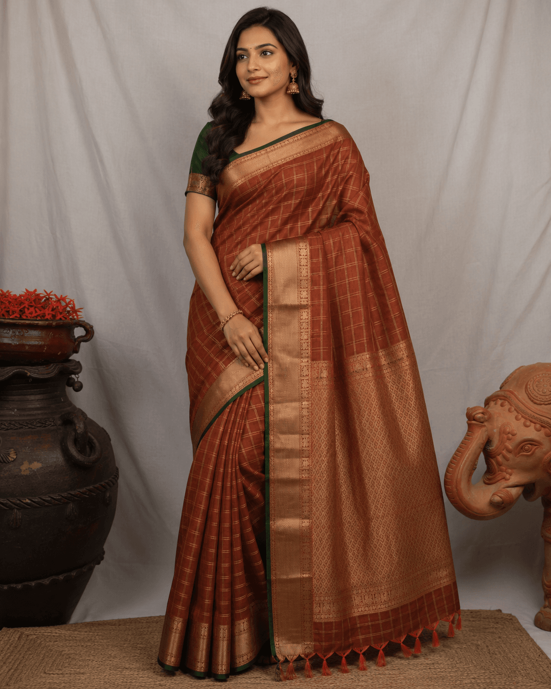 Kanchipuram Silk Saree – Copper Brown Checked