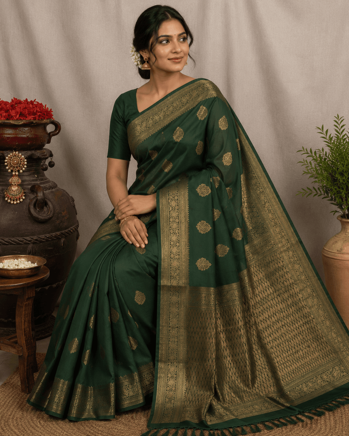 Bottle Green Kanchipuram silk (Pattu)