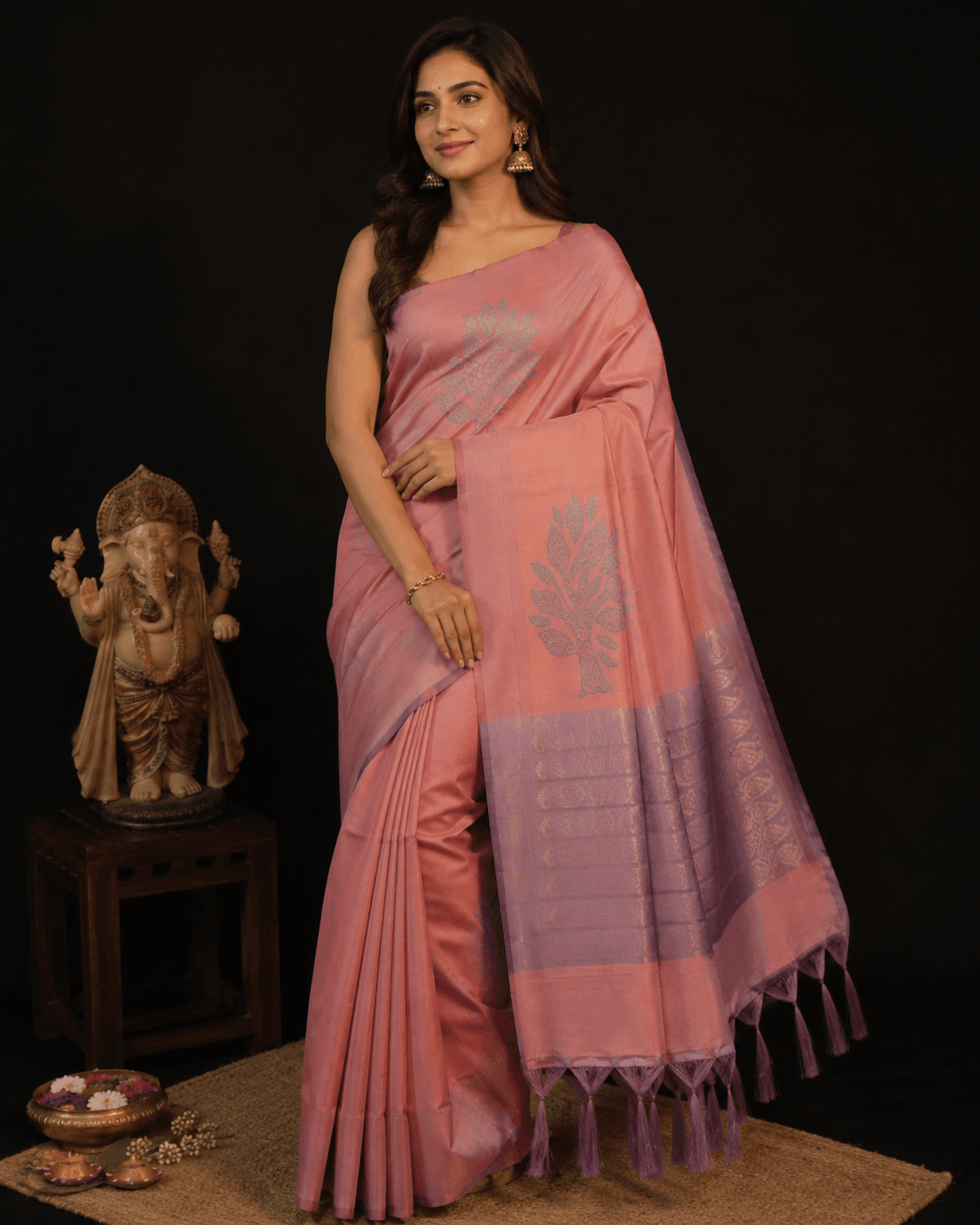Kanchipuram Silk Saree – Peach with Lavender