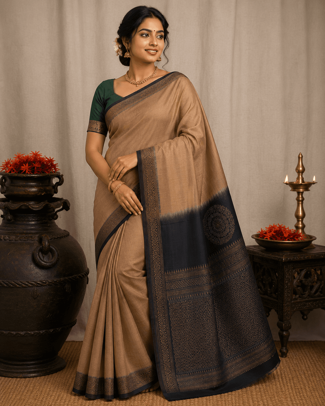 Kanchipuram Soft Silk Saree – Beige & Charcoal Grey