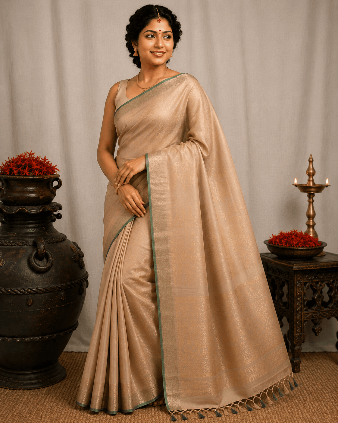 Kanchipuram soft Silk Saree – Beige with Green Border