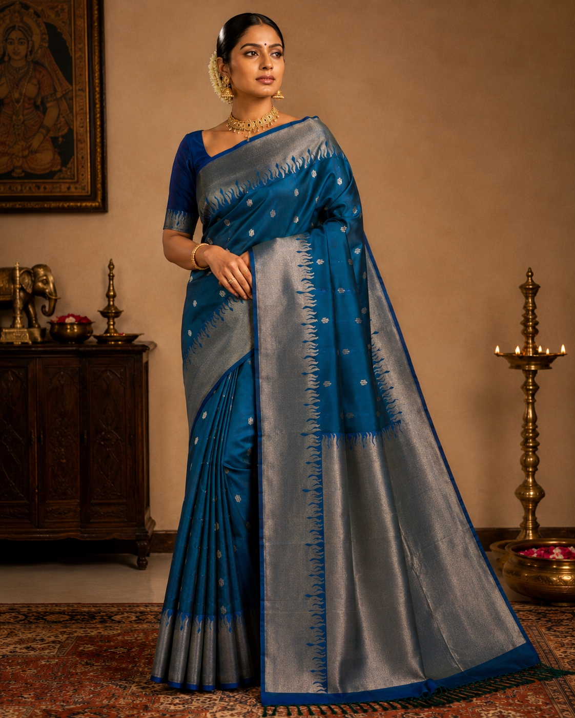 Kanchipuram Silk Saree – Blue & Silver Tones