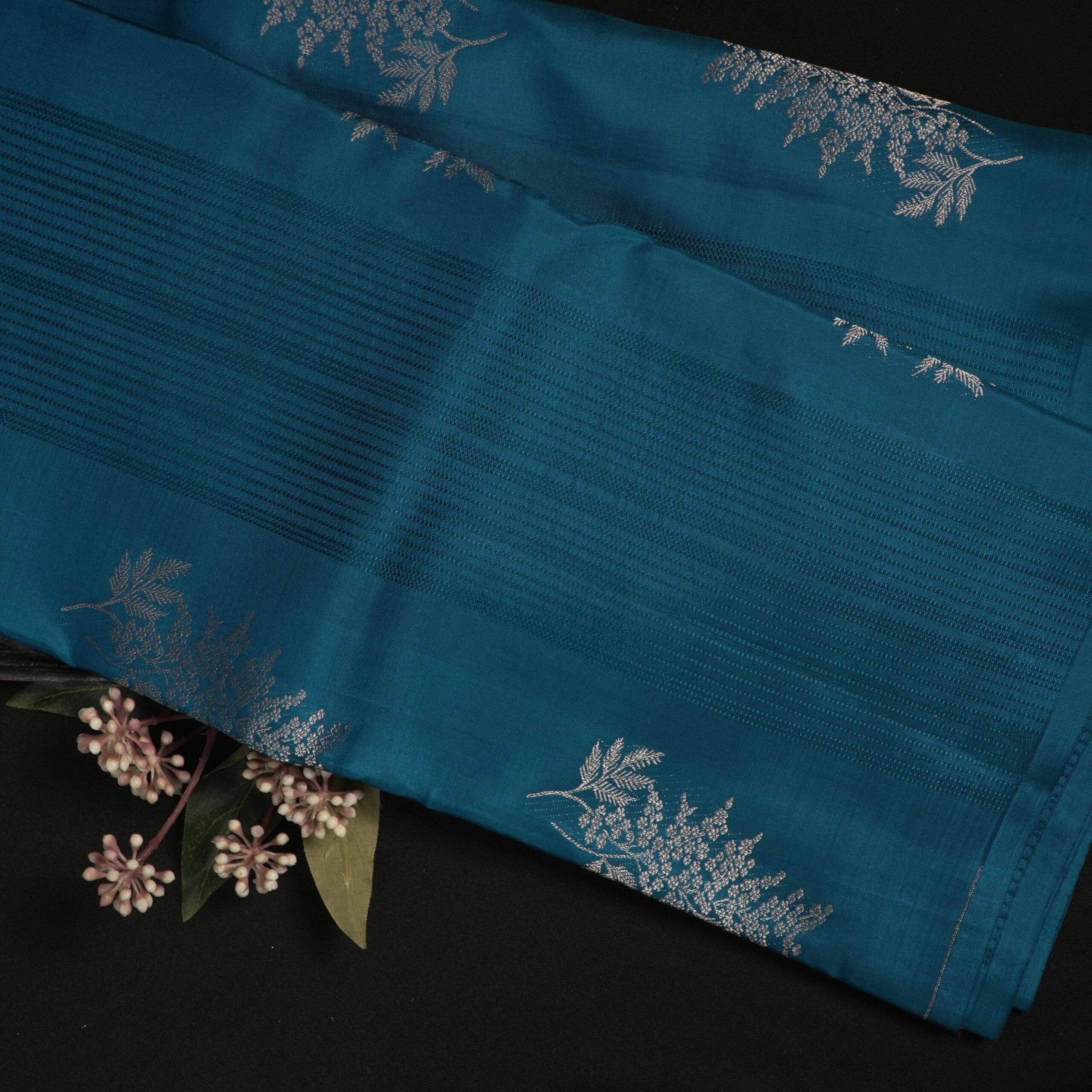 Kanchipuram Silk – Teal Blue with Silver Motifs