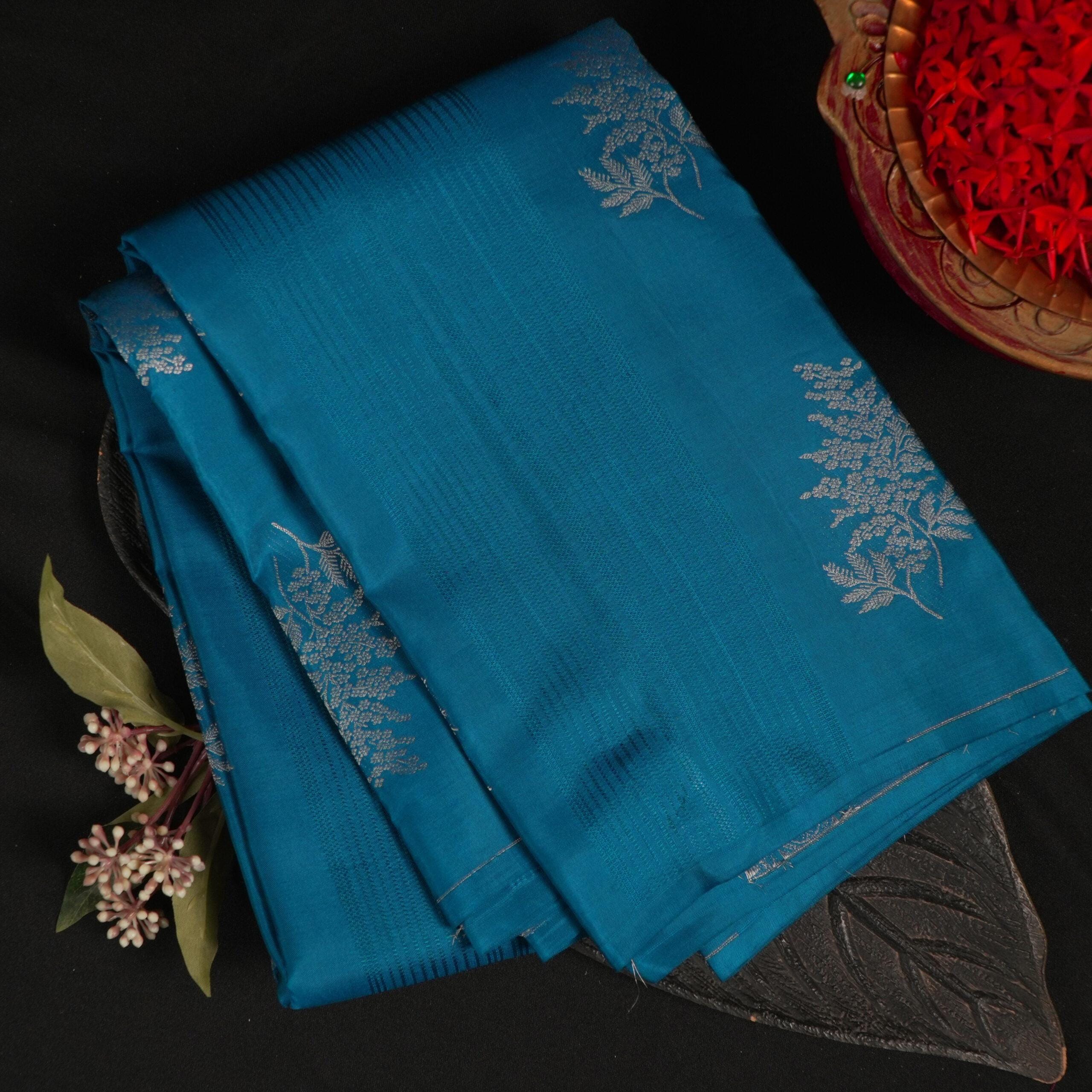 Kanchipuram Silk – Teal Blue with Silver Woven Motifs