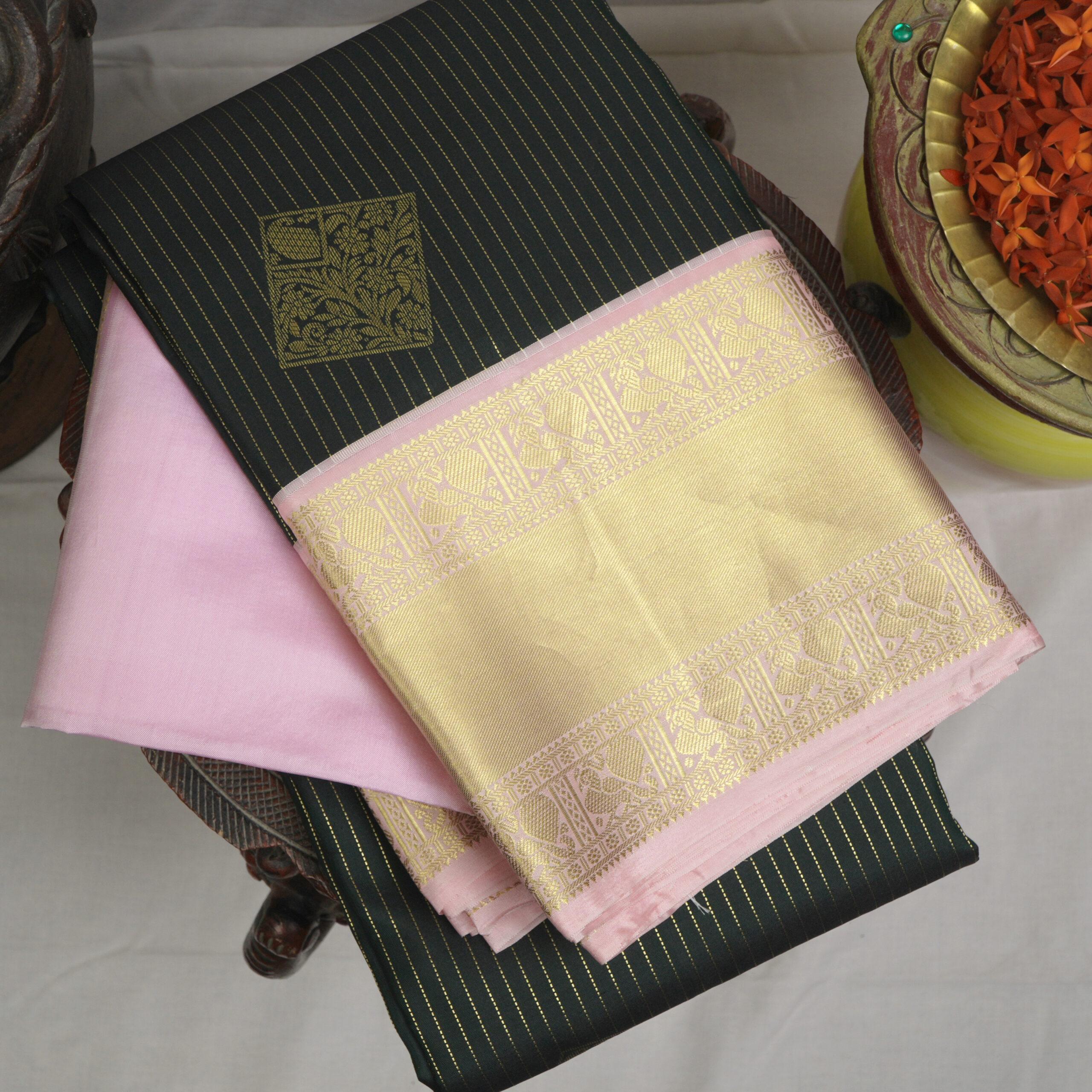 Kanchipuram Silk – Bottle Green & Blush Pink