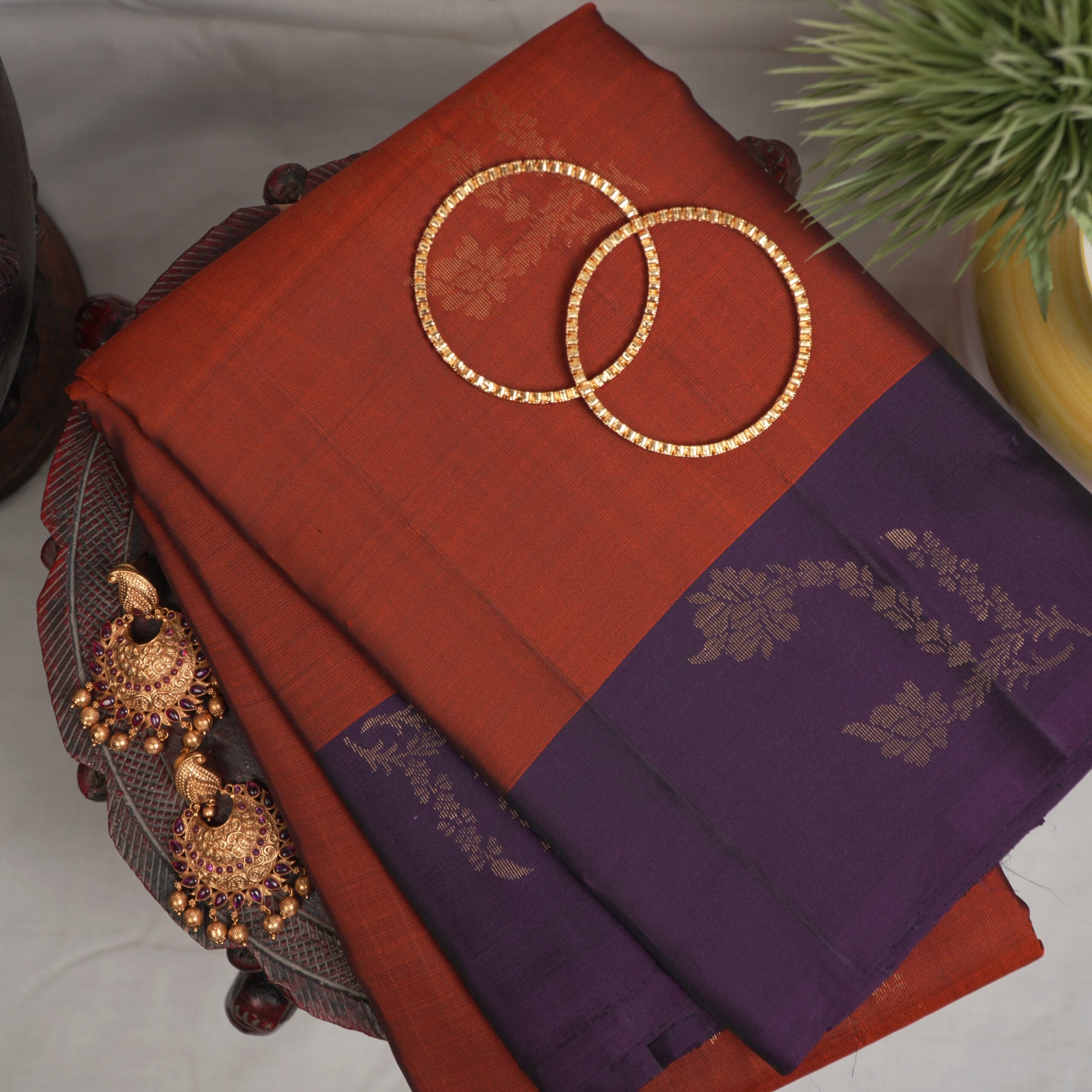 Kanchipuram Soft Silk– Rust & Deep Purple