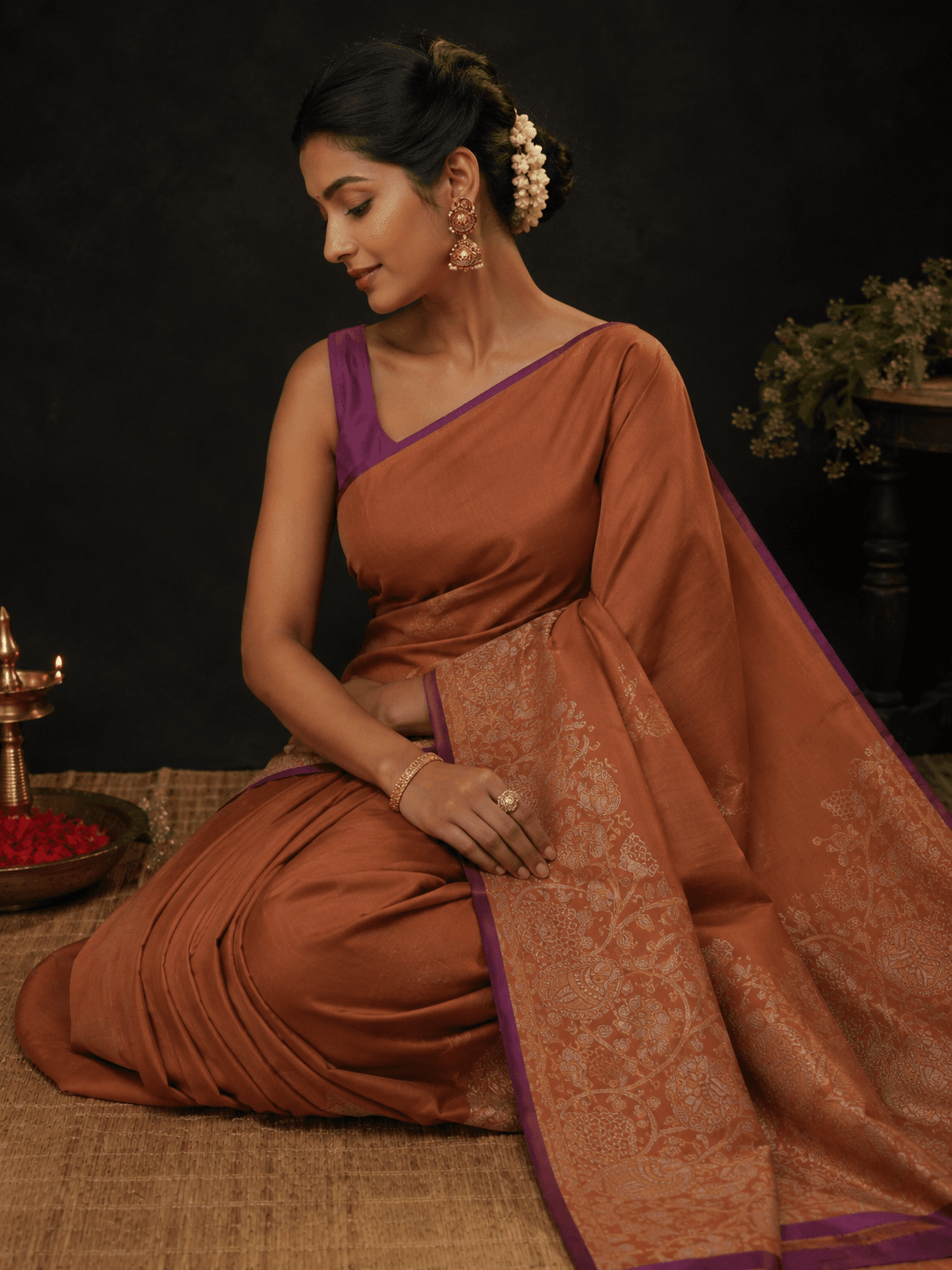 Kanchipuram Silk Saree – Rust Brown with Purple Border