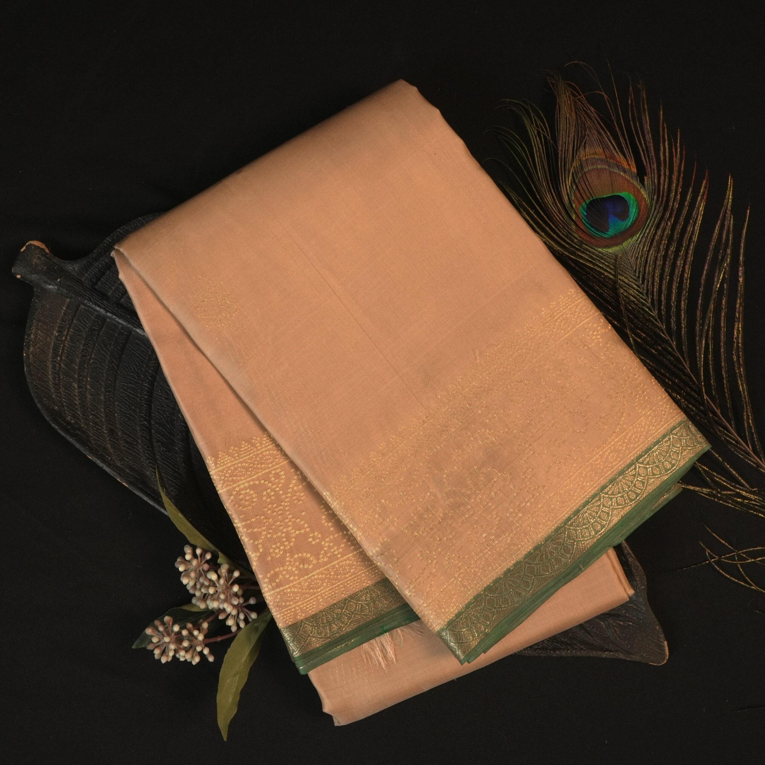 Kanchipuram Silk Saree – Beige with Green Border