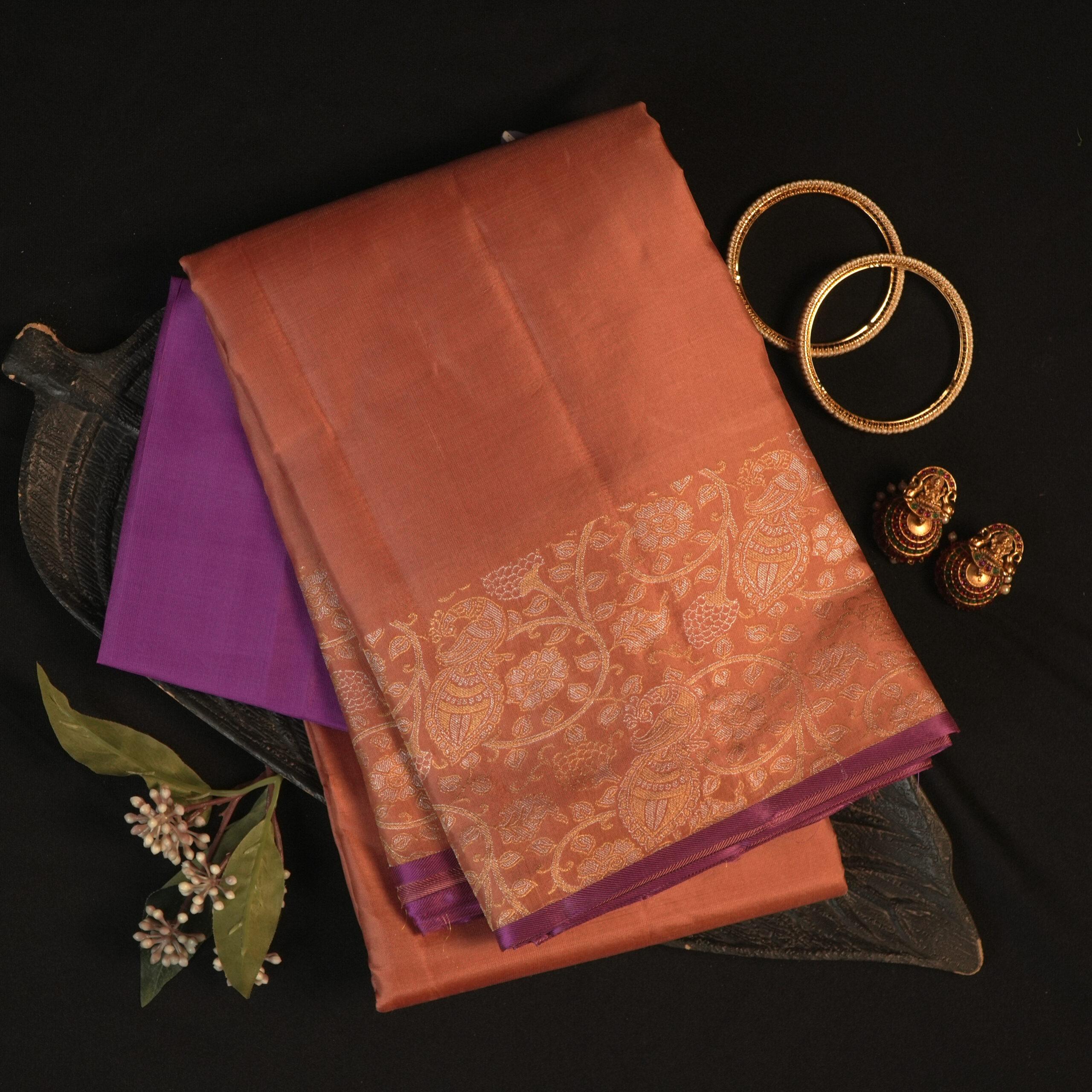 Kanchipuram Silk Saree – Rust Brown with Purple Border