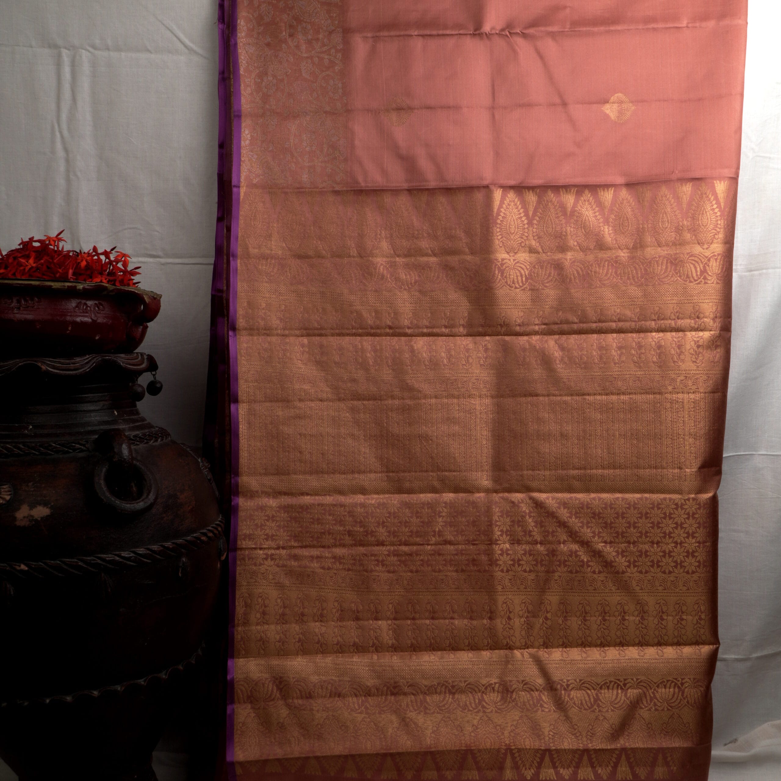 Kanchipuram Silk Saree – Rust Brown with Purple Border - Image 2