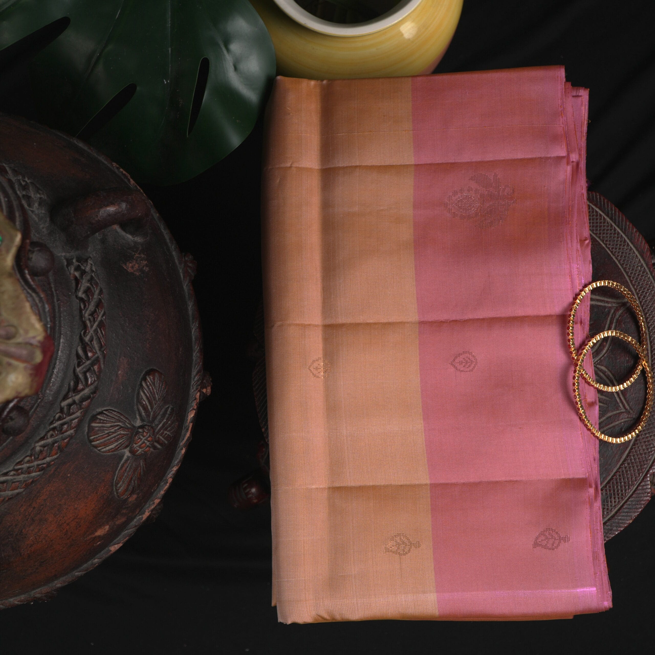 Kanchipuram Soft Silk Saree – Peach Gold with Blush Pink Border - Image 2