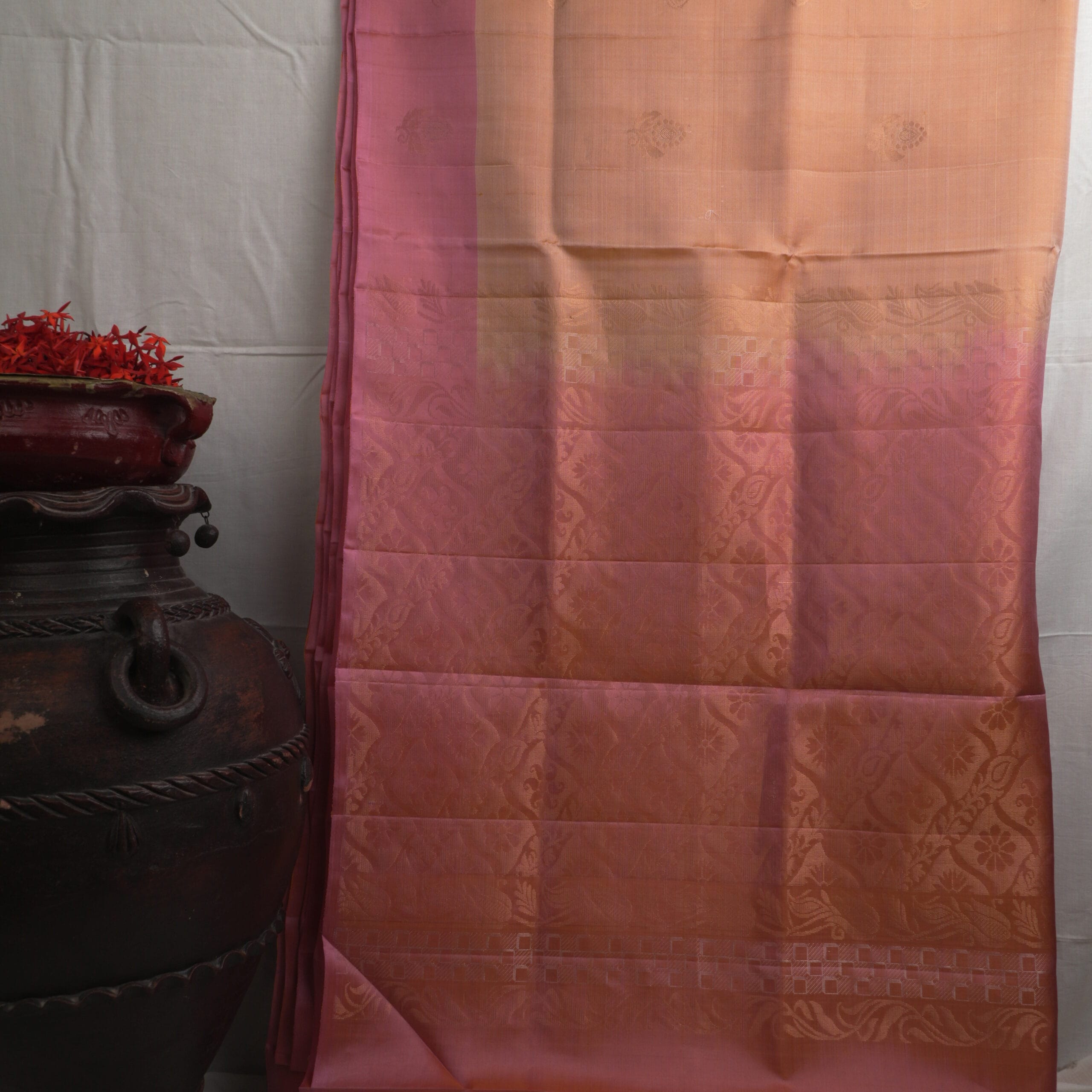 Kanchipuram Soft Silk Saree – Peach Gold with Blush Pink Border - Image 3