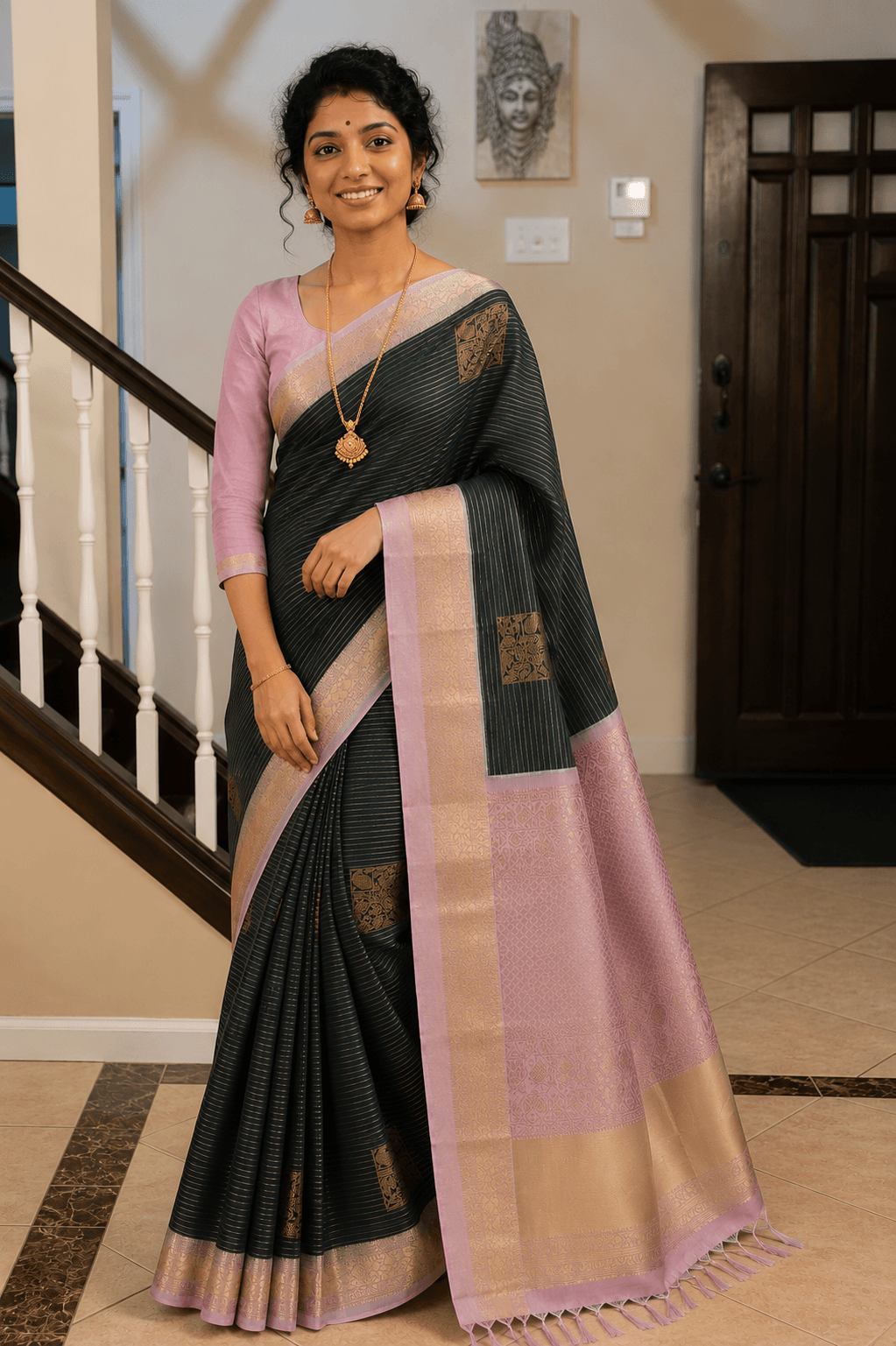 Kanchipuram Silk – Bottle Green & Blush Pink