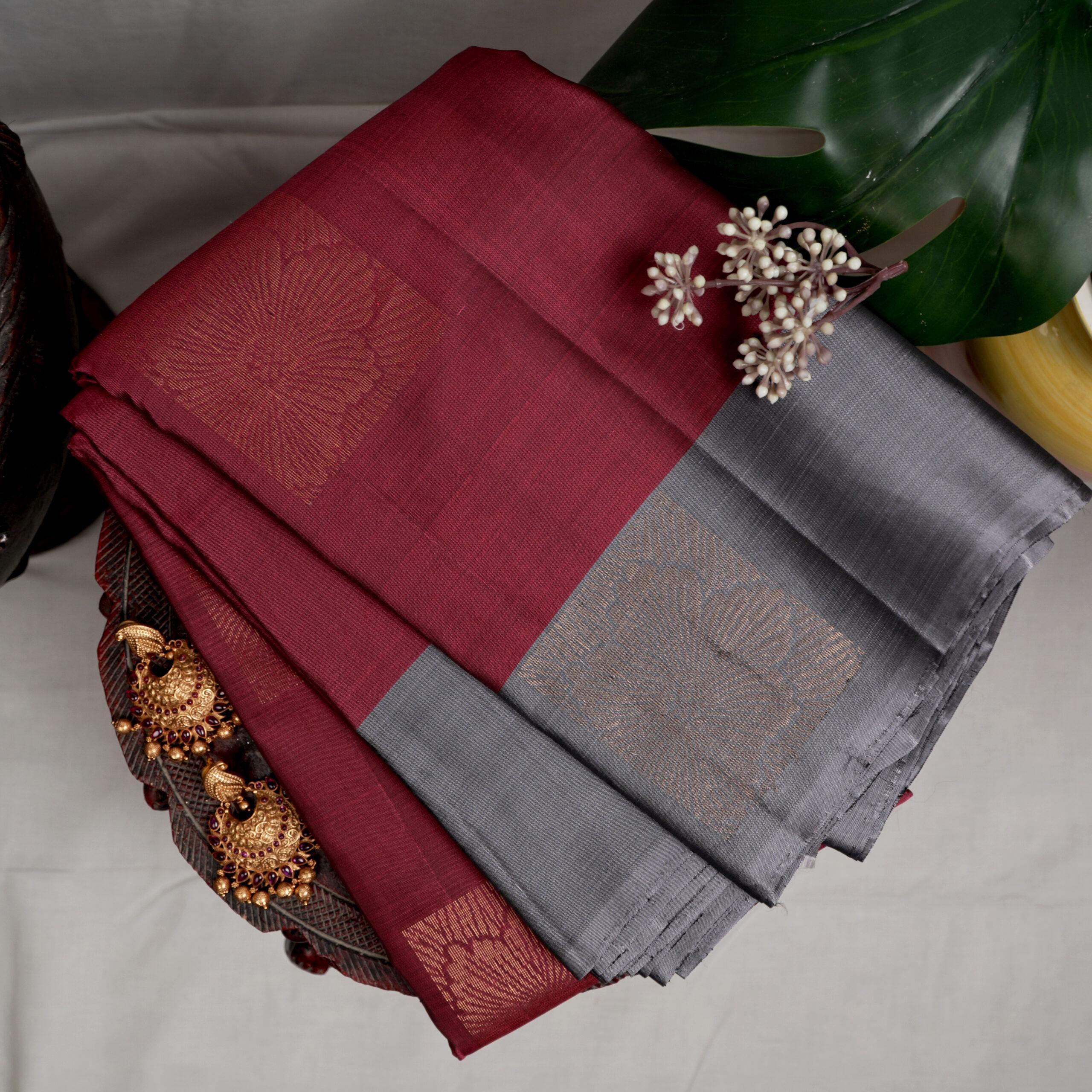 Kanchipuram Silk – Maroon–Burgundy Blend with Grey Contrast