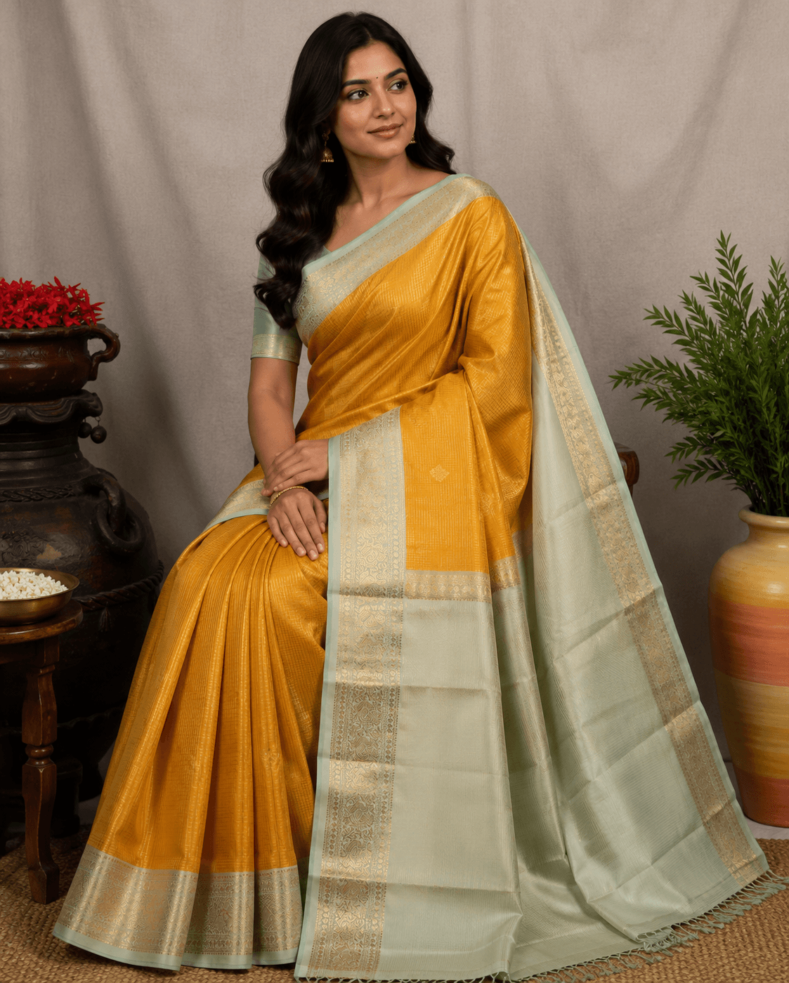 Kanchipuram Silk – Mustard Yellow with Ivory Border