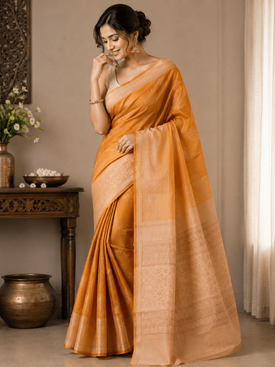 Mayuri Soft Silk – Mustard Yellow with Beige Border
