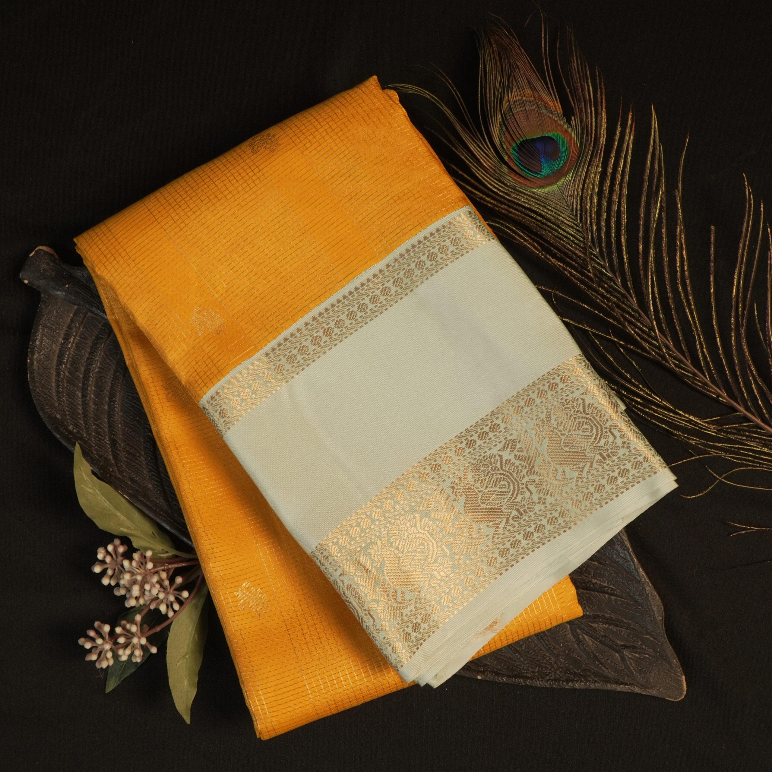 Kanchipuram Silk – Mustard Yellow with Ivory Border