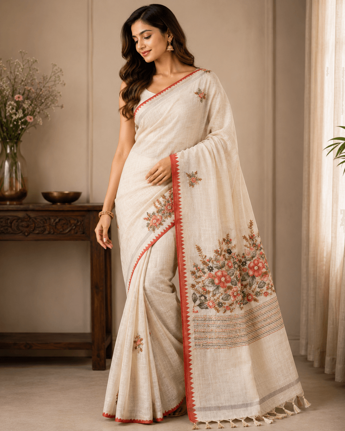 Hand-Embroidered Linen Saree – Ivory with Floral Pallu