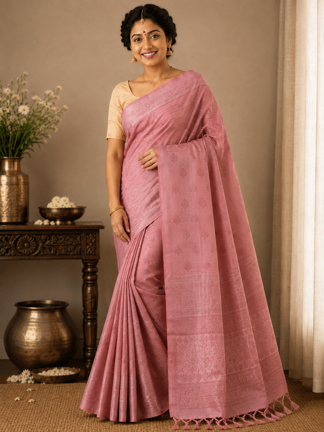 Kanchipuram Silk Saree – Dusty Rose Pink with Subtle Zari Motifs