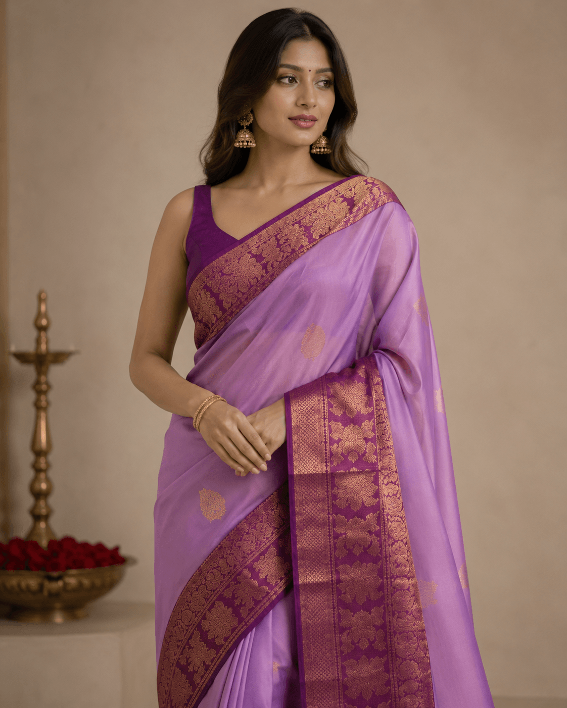 Kanchipuram Silk – Lavender with Royal Purple Zari Border