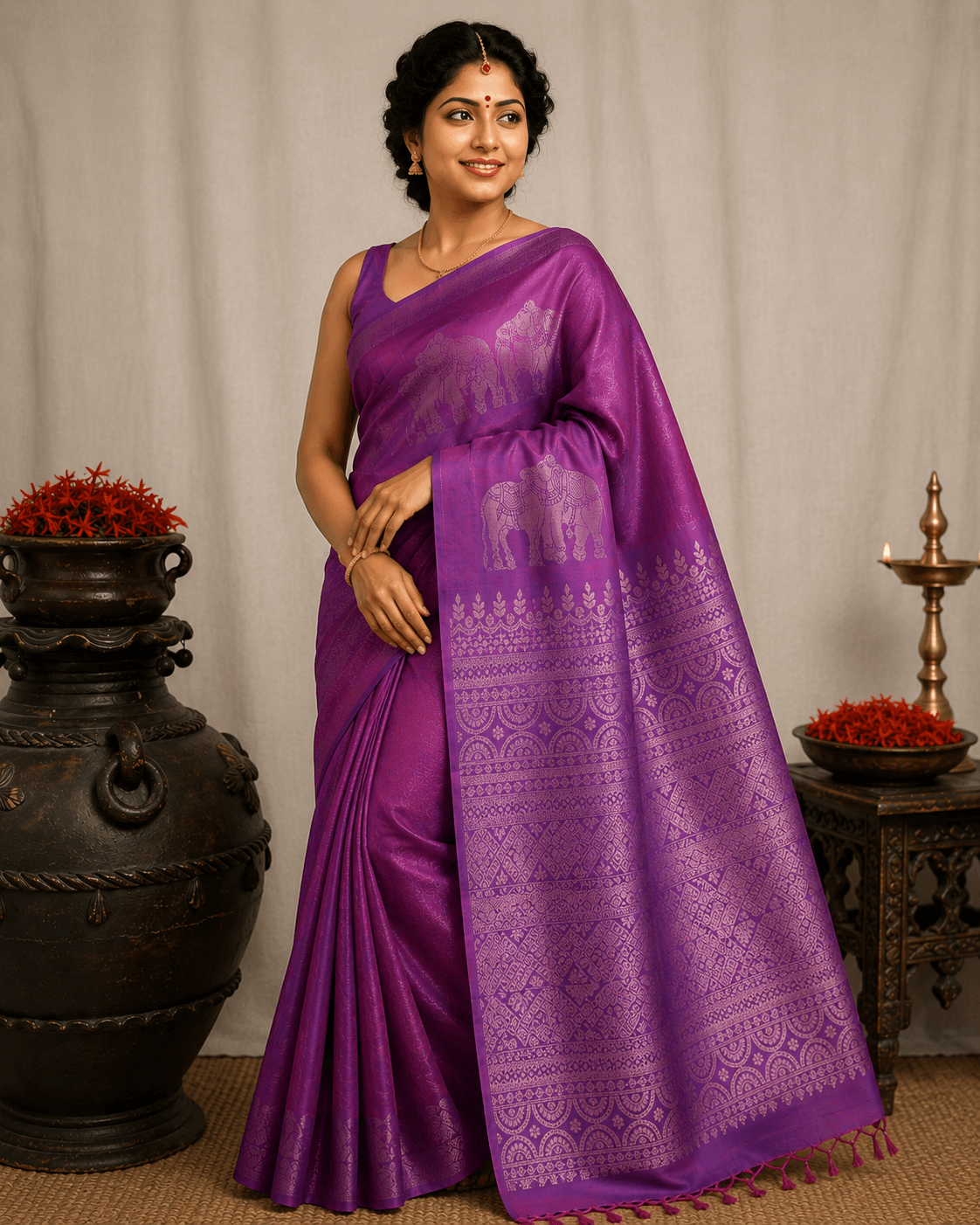 Kanchipuram Silk Saree – Royal Purple with Elephant Zari Motifs