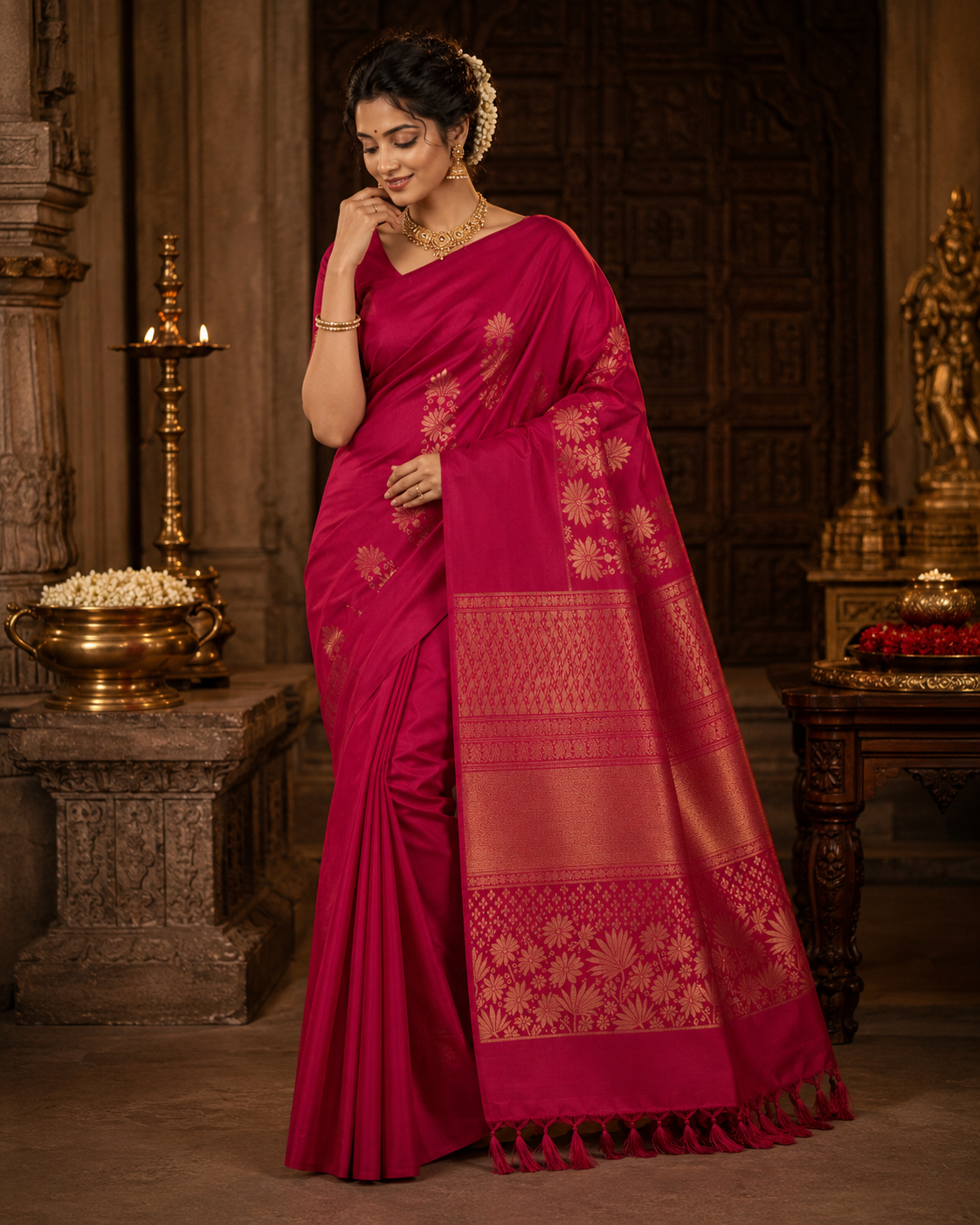Kanchipuram Silk Saree – Raspberry Red with Gold Zari Motifs