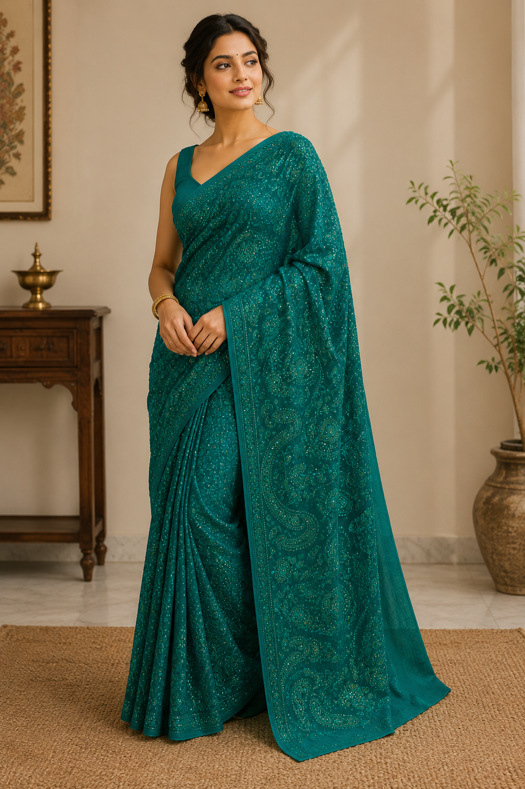 Teal Green Embroidered Saree
