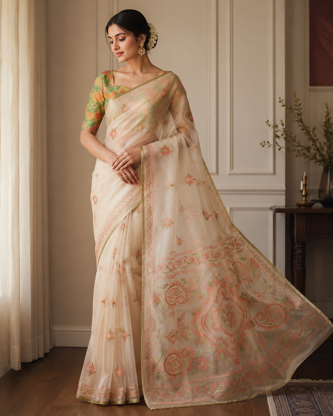 Ivory Sheer Organza Saree