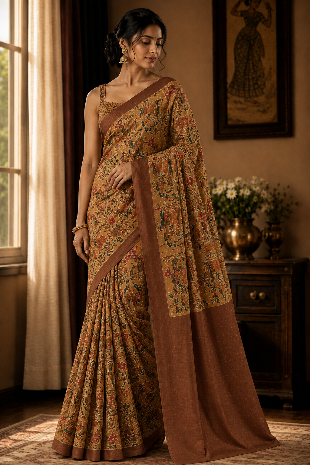 Thread Work Saree in Earthy Brown