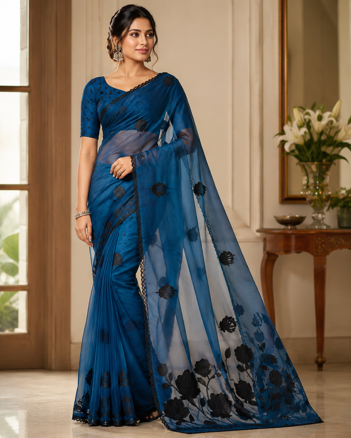 Teal Blue Organza Saree